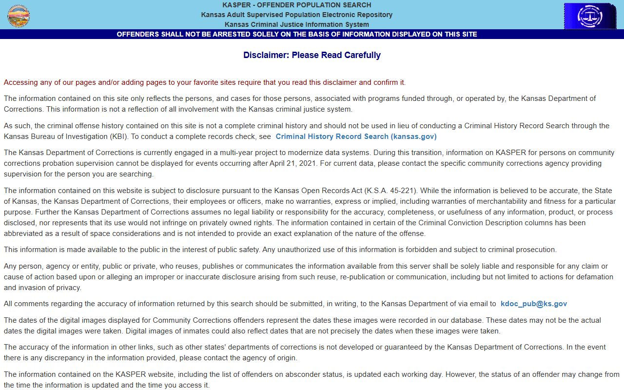 Barton County criminal court records KDOC KASPER disclaimer